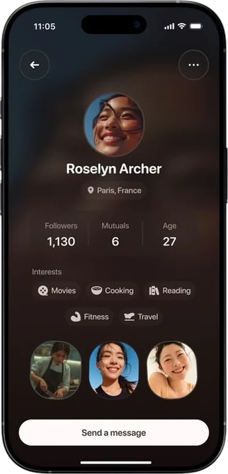 Social app — a member profile with interests and mutuals