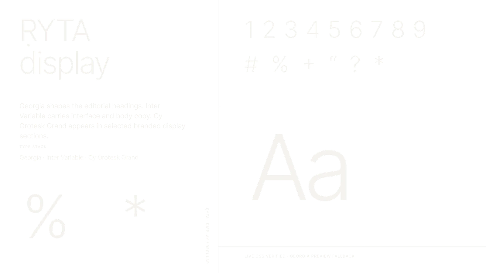 Georgia · Inter Variable · Cy Grotesk Grand. Georgia shapes editorial headings. Inter Variable carries interface and body copy, with Cy Grotesk Grand in selected display sections.